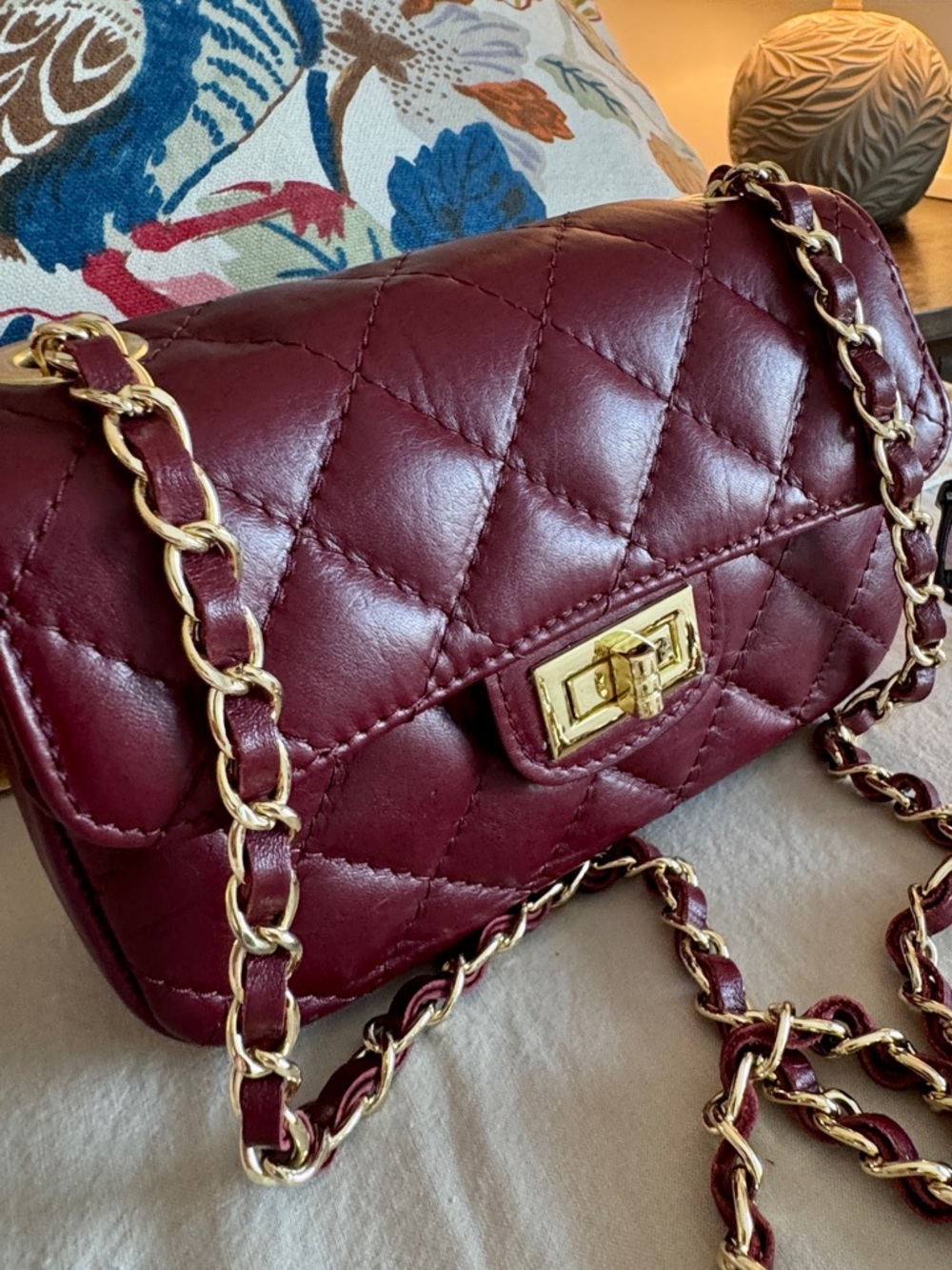 Italian Leather Quilted Crossbody Bag Burgundy Gold Chain Mini Flap Chanel Vibe